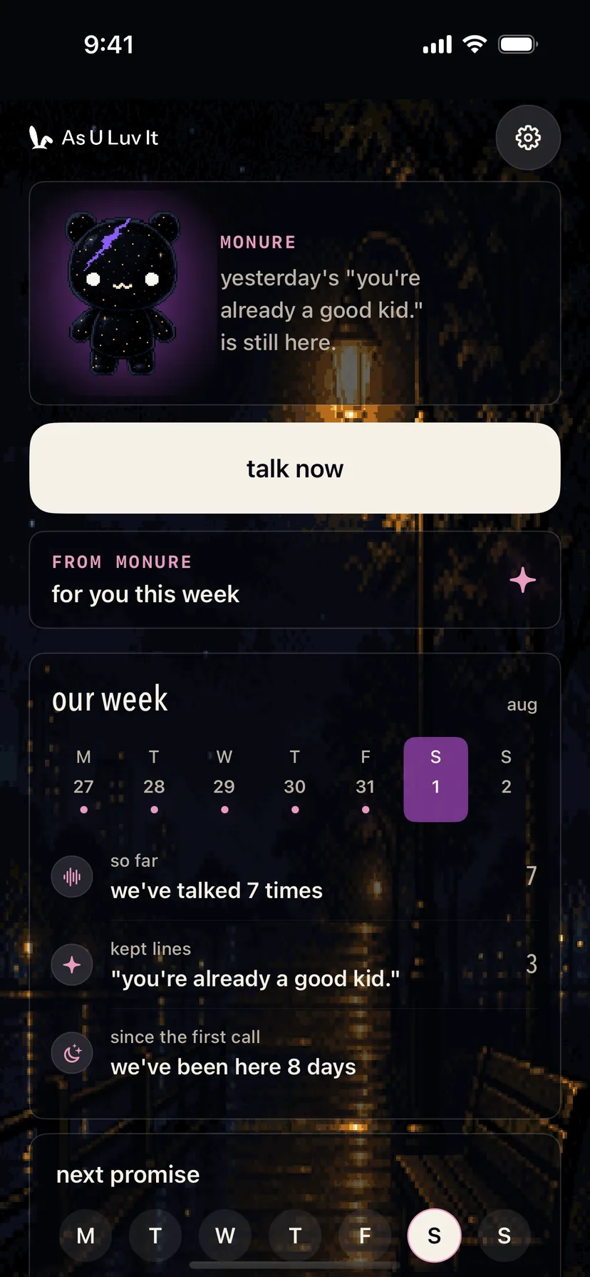 The home screen: the small bear under a warm streetlamp, a week of kept lines, and a dial holding the next call — Saturday 22:00