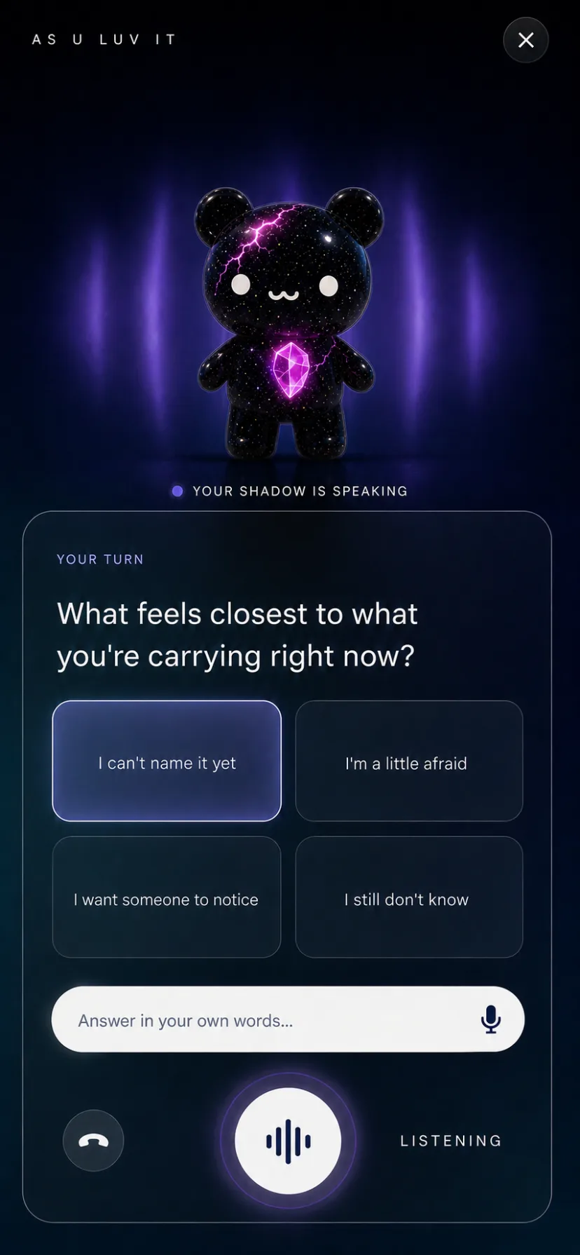 A call in progress. Your shadow is speaking. On screen: What feels closest to what you're carrying right now? — with four choices, a text box, and a listening microphone